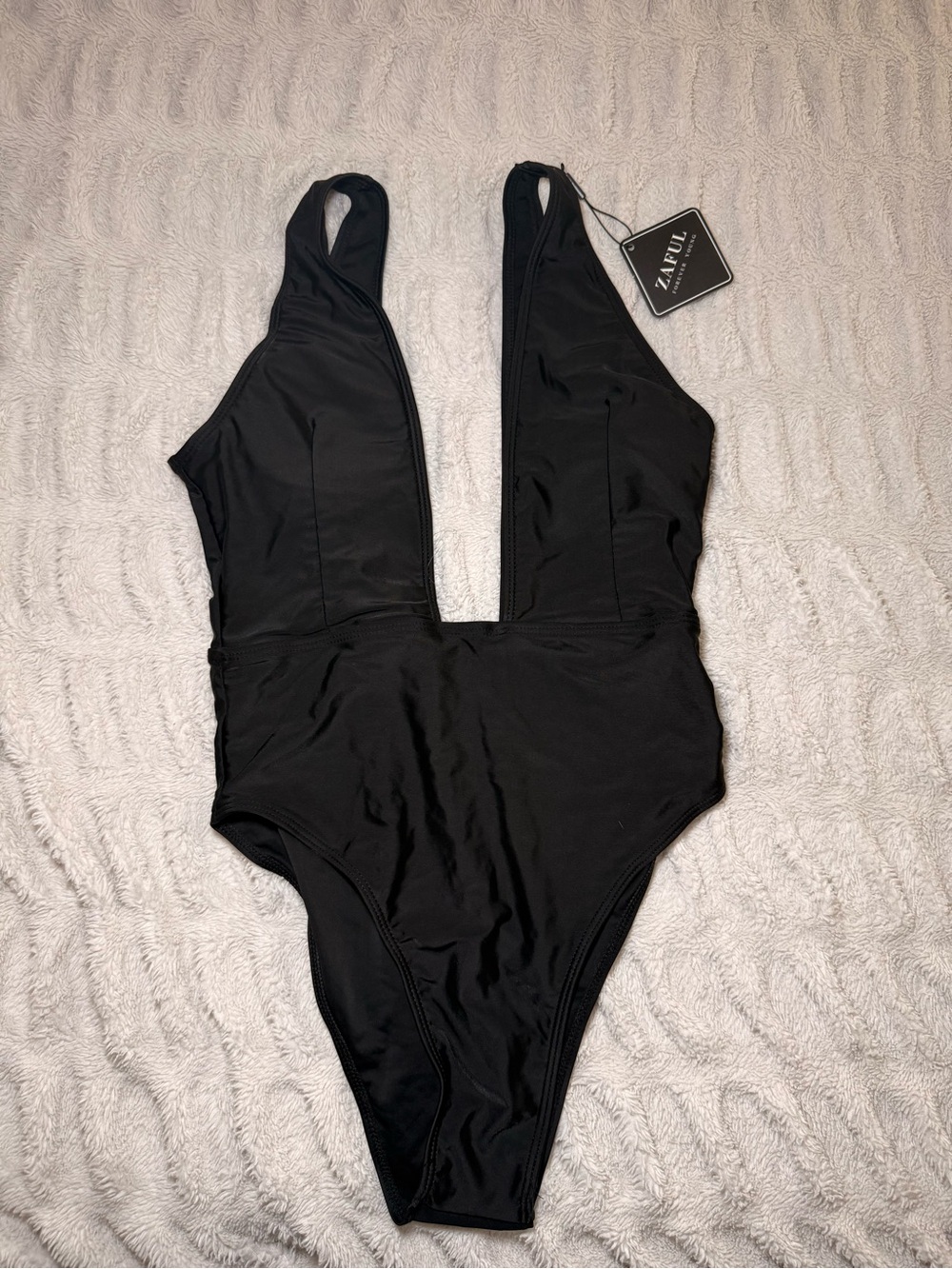 Zaful Black Plunge One Piece Swimsuit M